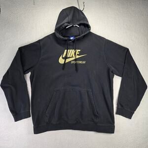 VINTAGE Nike Hoodie Womans XL Black Gold Logo Center Swoosh Nike Sportswear